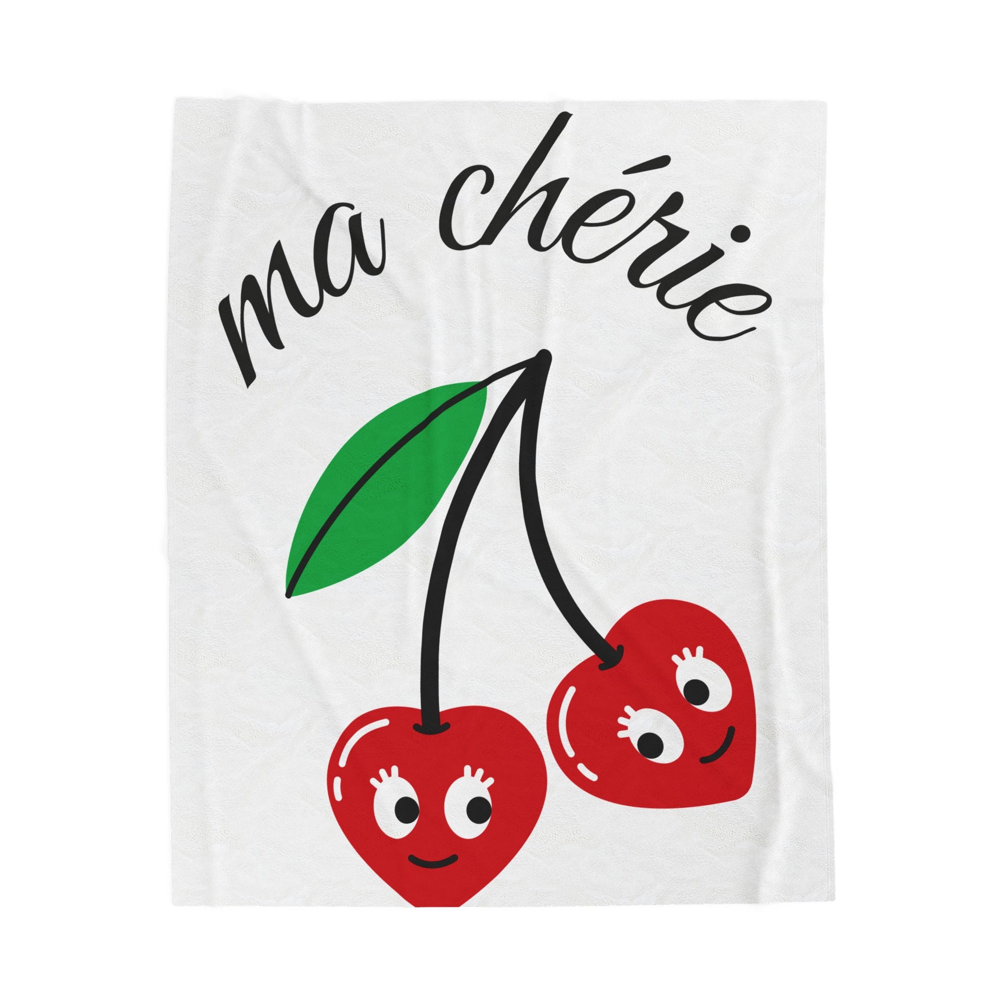 Cute Cherry 'Ma Chérie' Velveteen Plush Blanket, Cozy Throw, Gift for Her, Home Decor, Cherry Theme, Warm Snuggle Blanket