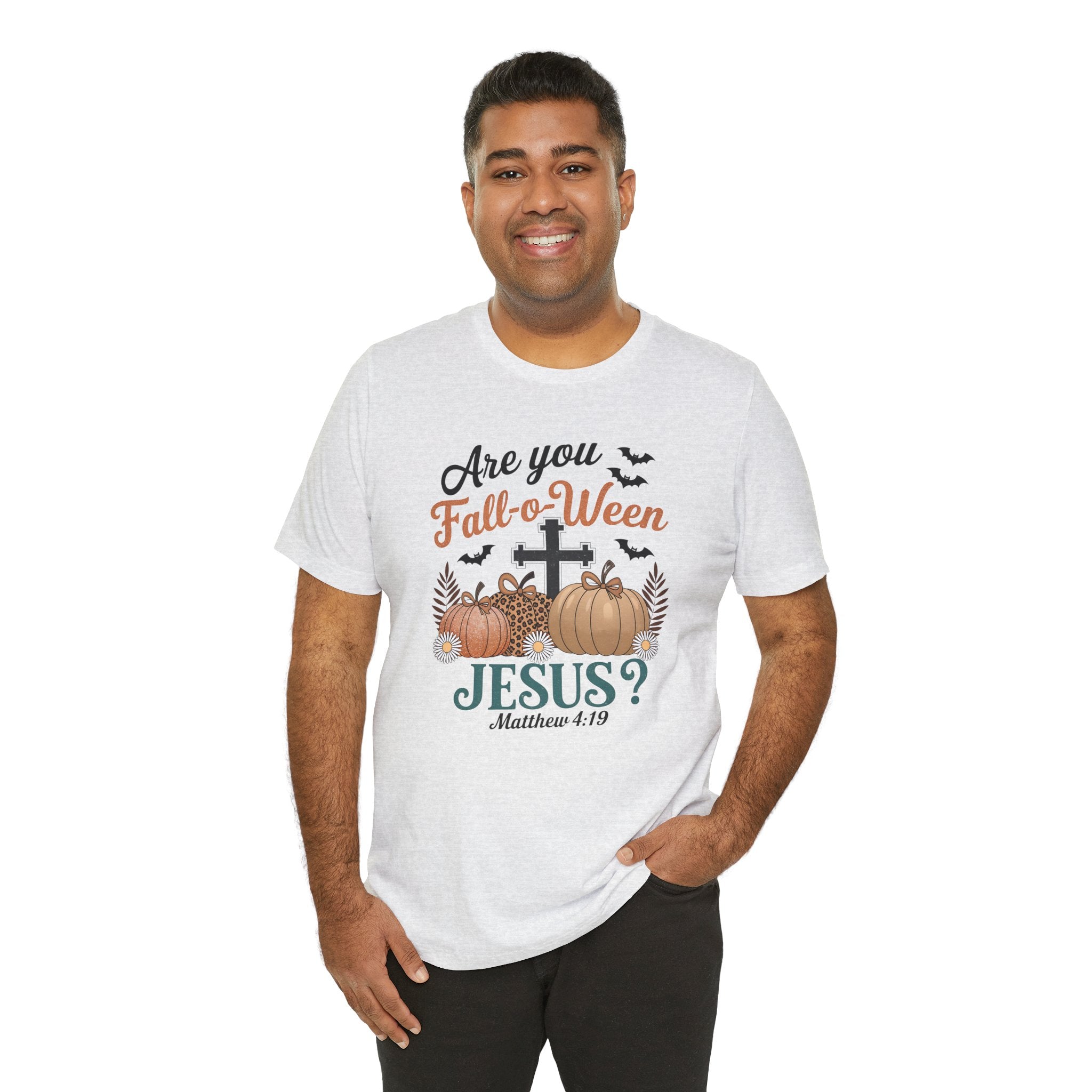 Fall-themed Christian Tee, Are You Fall-o-Ween Jesus?, Unisex Halloween Shirt, Autumn Faith T-Shirt, Pumpkin Design Top