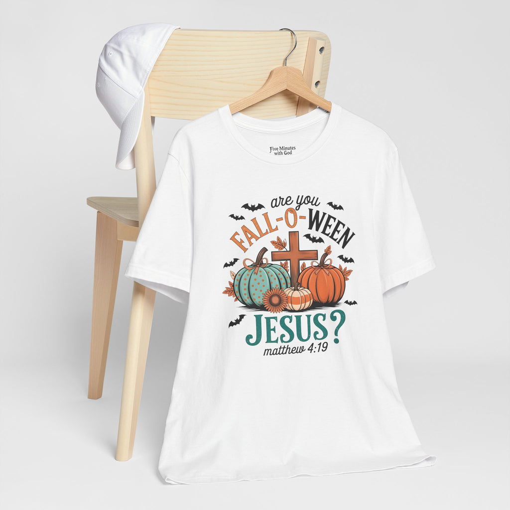 Fall-Themed Jesus T-Shirt, Unisex Short Sleeve Tee, Christian Apparel, Autumn Wear, Pumpkin Design, Halloween Celebration