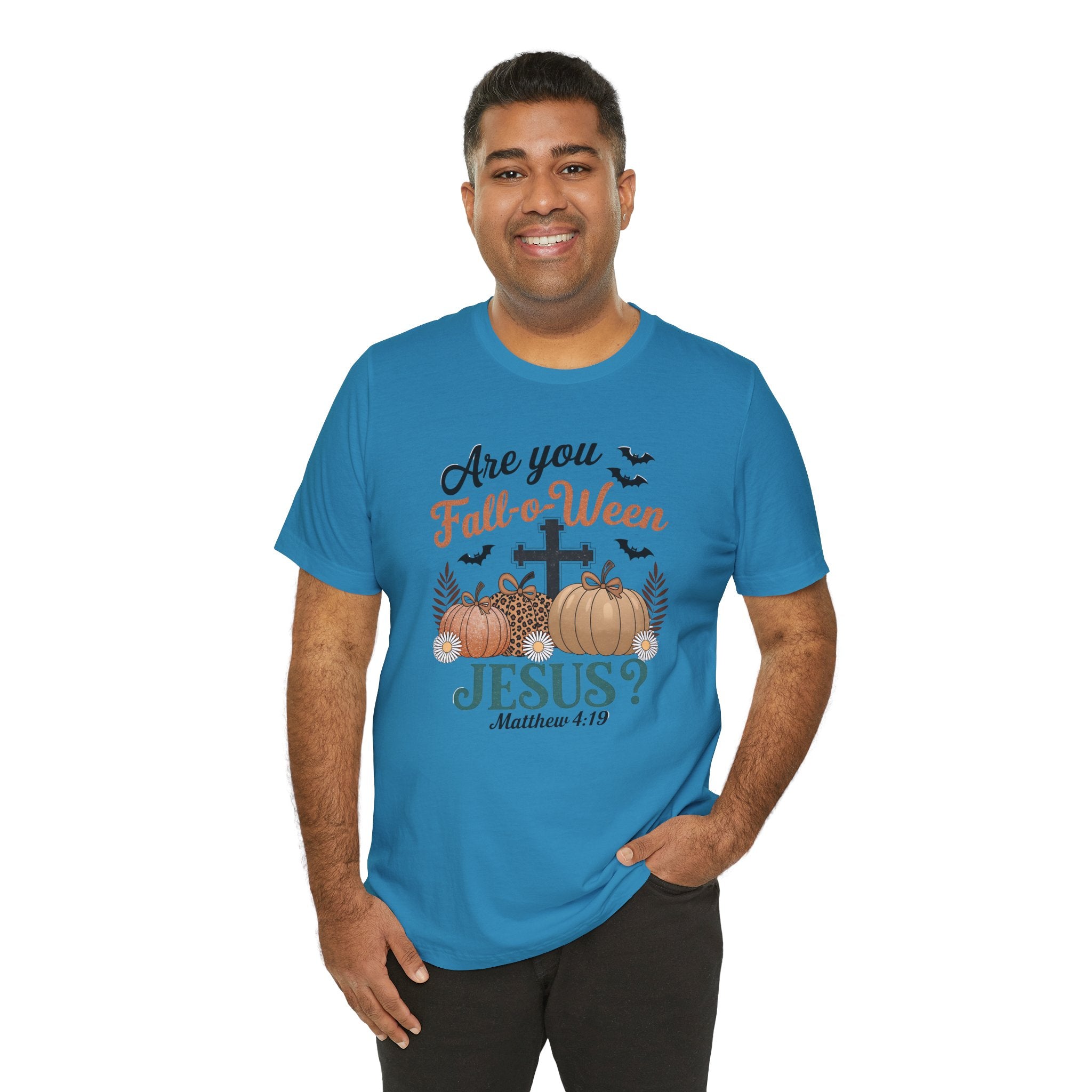 Fall-themed Christian Tee, Are You Fall-o-Ween Jesus?, Unisex Halloween Shirt, Autumn Faith T-Shirt, Pumpkin Design Top
