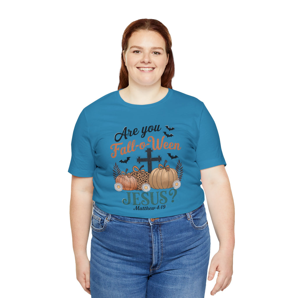 Fall-themed Christian Tee, Are You Fall-o-Ween Jesus?, Unisex Halloween Shirt, Autumn Faith T-Shirt, Pumpkin Design Top
