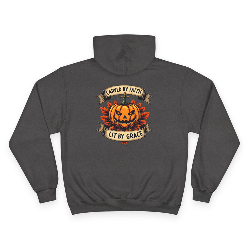 Champion Hoodie with Pumpkin Design - Carved by Faith, Lit by Grace, Cozy Fall Apparel for Halloween, Spiritual Gift, Autumn Fashion