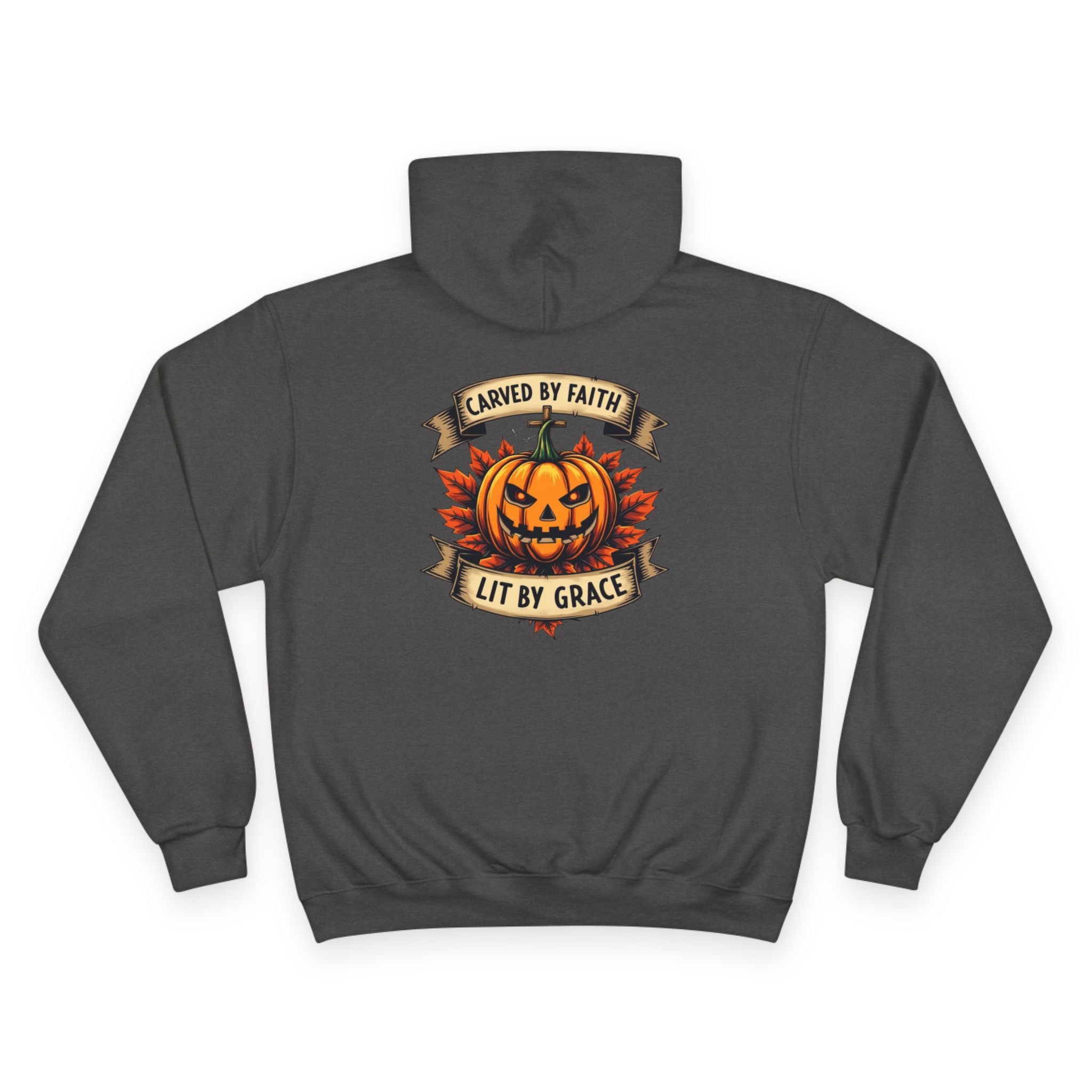 Champion Hoodie with Pumpkin Design - Carved by Faith, Lit by Grace, Cozy Fall Apparel for Halloween, Spiritual Gift, Autumn Fashion