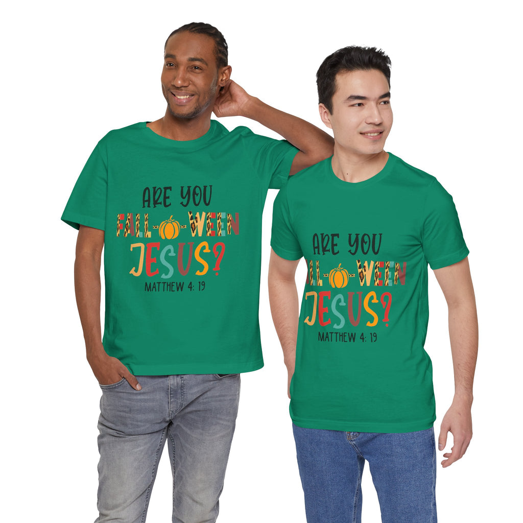 Fall-Themed Jesus Tee | Unisex Jersey Short Sleeve T-Shirt, Halloween Church Wear, Faith-Based Gift, Cozy Casual Top