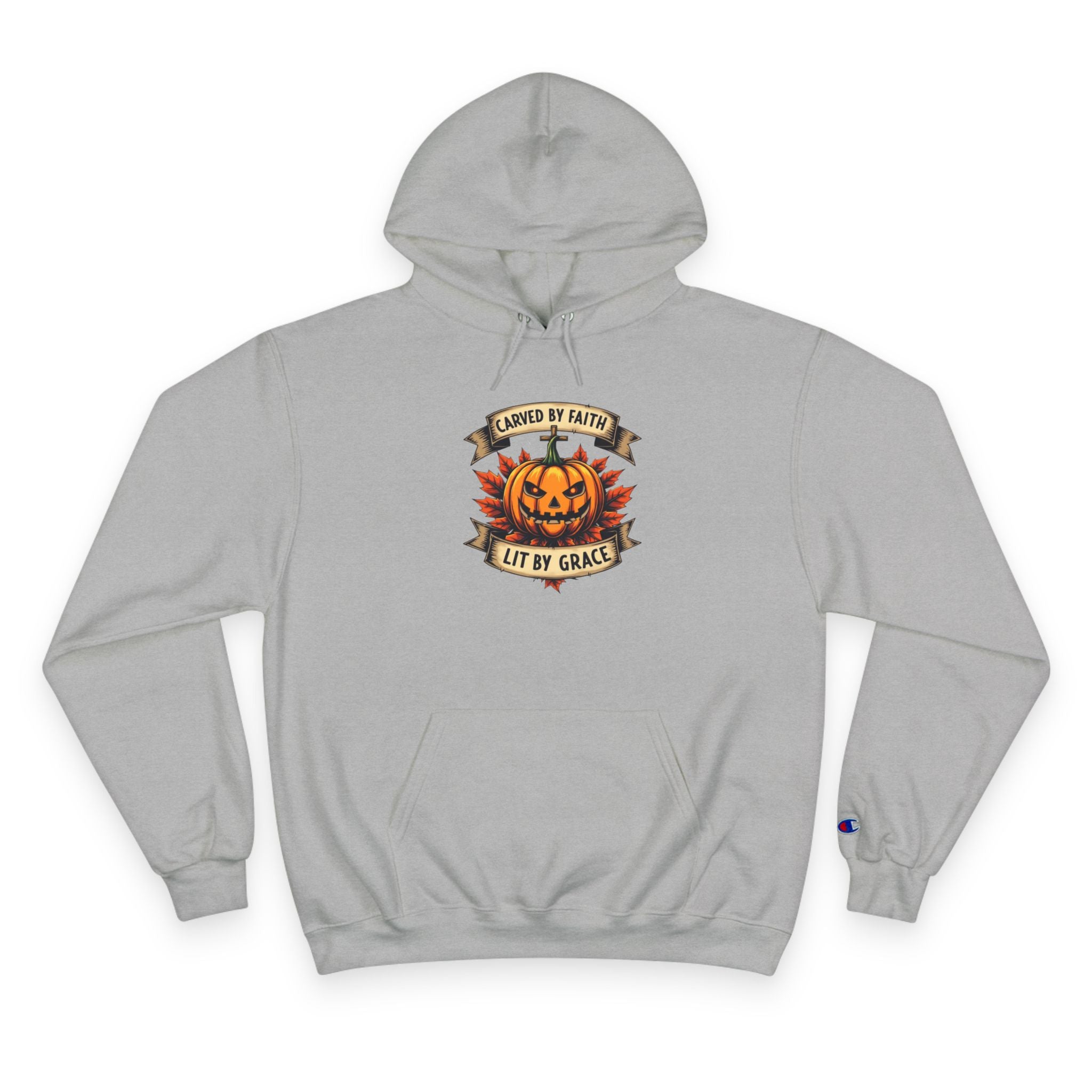 Halloween Pumpkin Champion Hoodie, Cozy Sweatshirt for Fall, Faith Inspired Apparel, Unisex Fall Fashion, Perfect for Halloween Celebrations