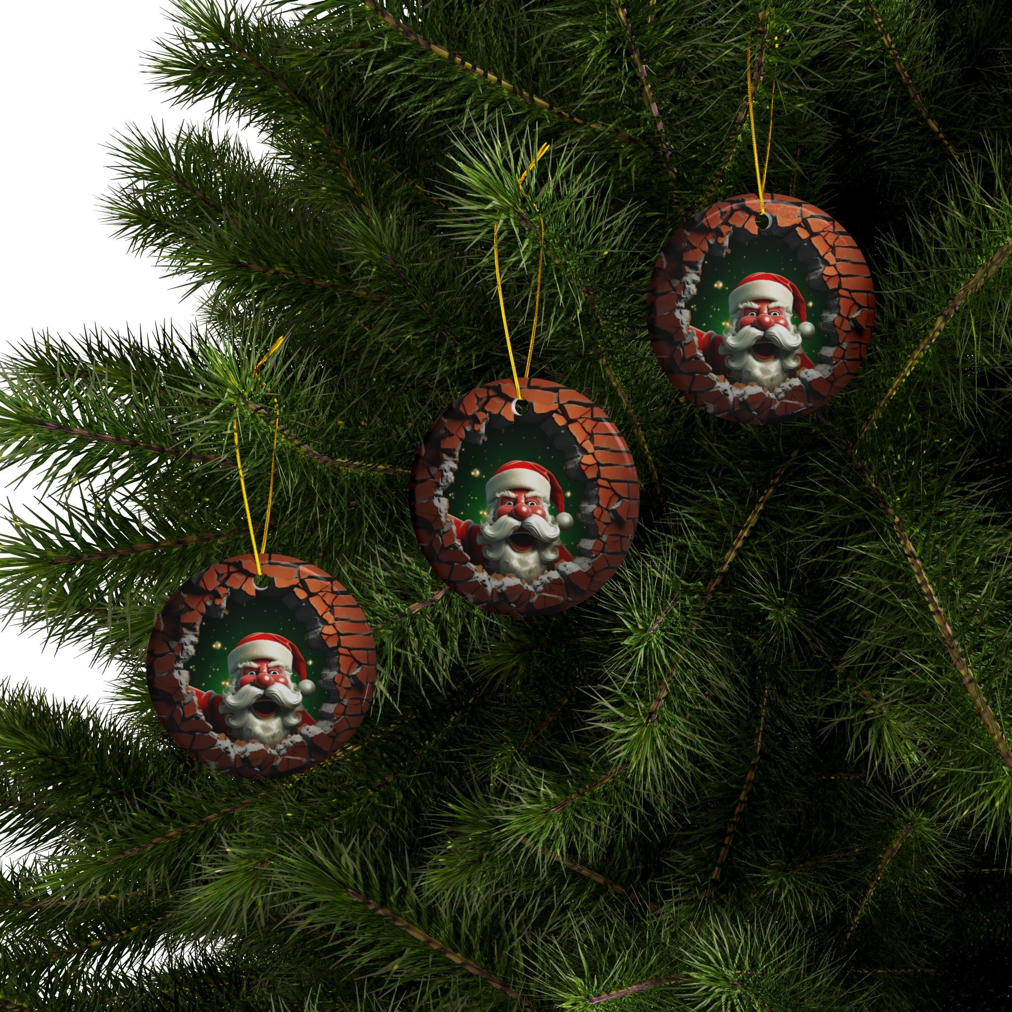 Santa Breaking Through Ceramic Ornaments - 2-Side Print - Holiday Decor, Christmas Gift, Tree Ornaments, Set of 1, 3, 5, 10