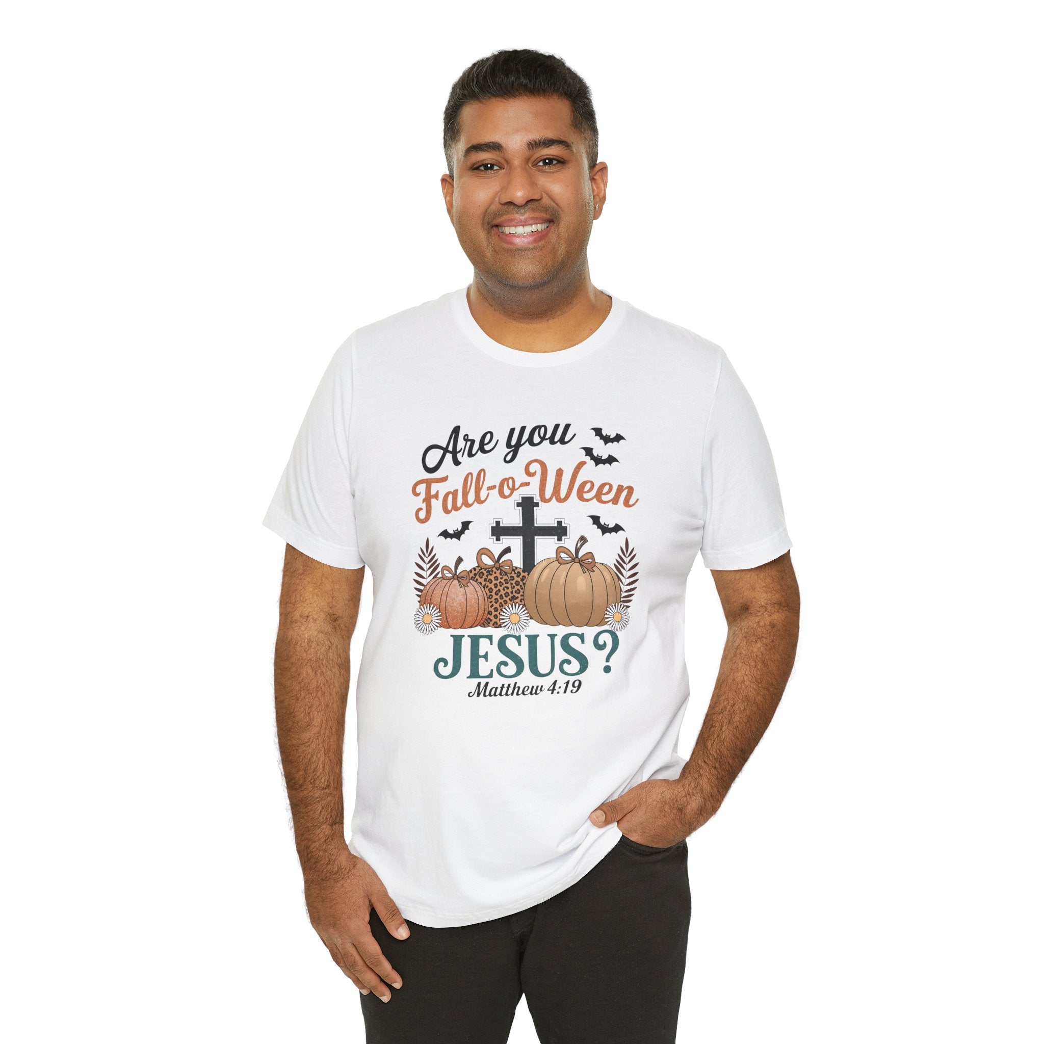 Fall-themed Christian Tee, Are You Fall-o-Ween Jesus?, Unisex Halloween Shirt, Autumn Faith T-Shirt, Pumpkin Design Top