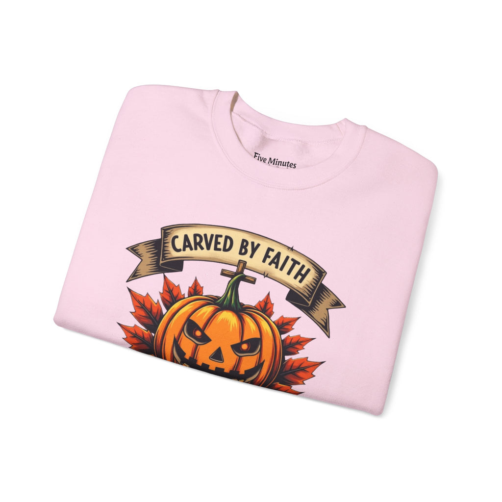 Autumn Pumpkin Sweatshirt - Carved by Faith Lit by Grace, Cozy Fall Fashion, Halloween Gift, Unisex Crewneck, Seasonal Hoodie, Halloween