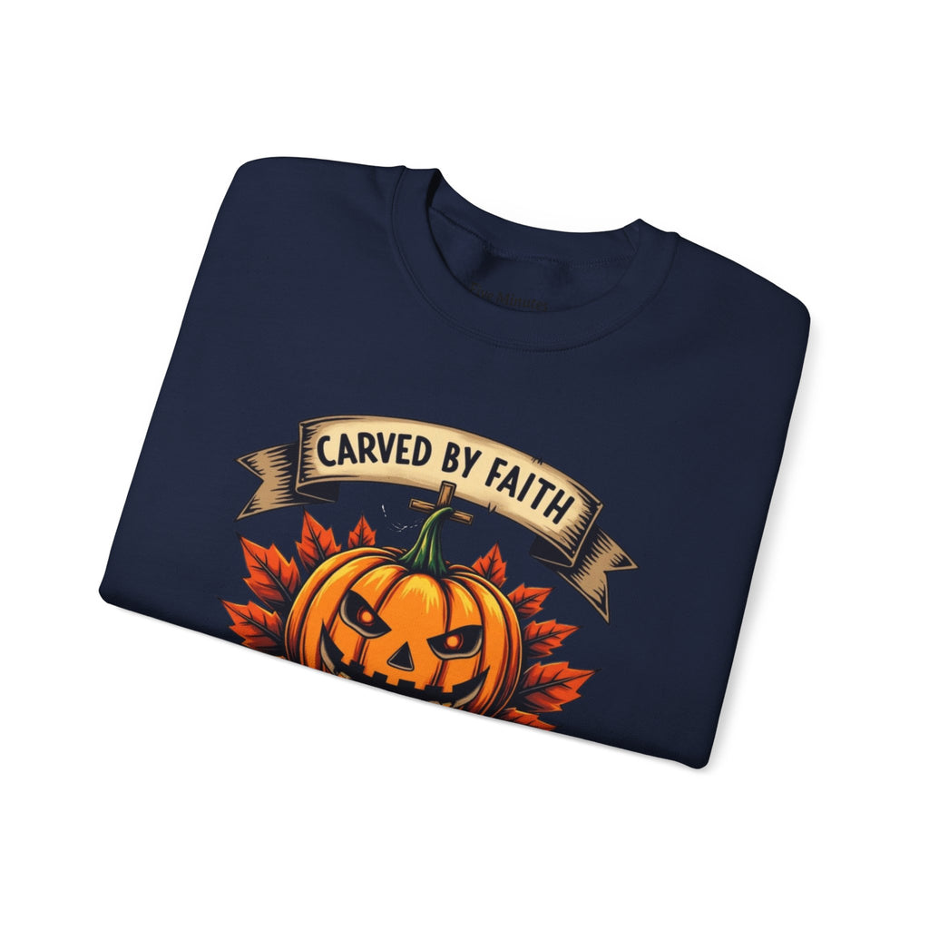 Autumn Pumpkin Sweatshirt - Carved by Faith Lit by Grace, Cozy Fall Fashion, Halloween Gift, Unisex Crewneck, Seasonal Hoodie, Halloween